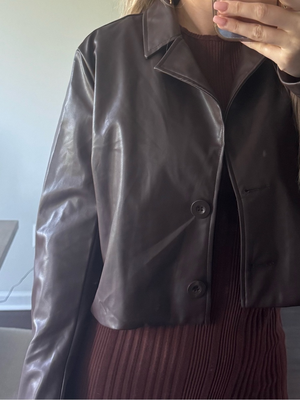 Cropped Brown Faux Leather Jacket - Women's - Picture 4 of 10